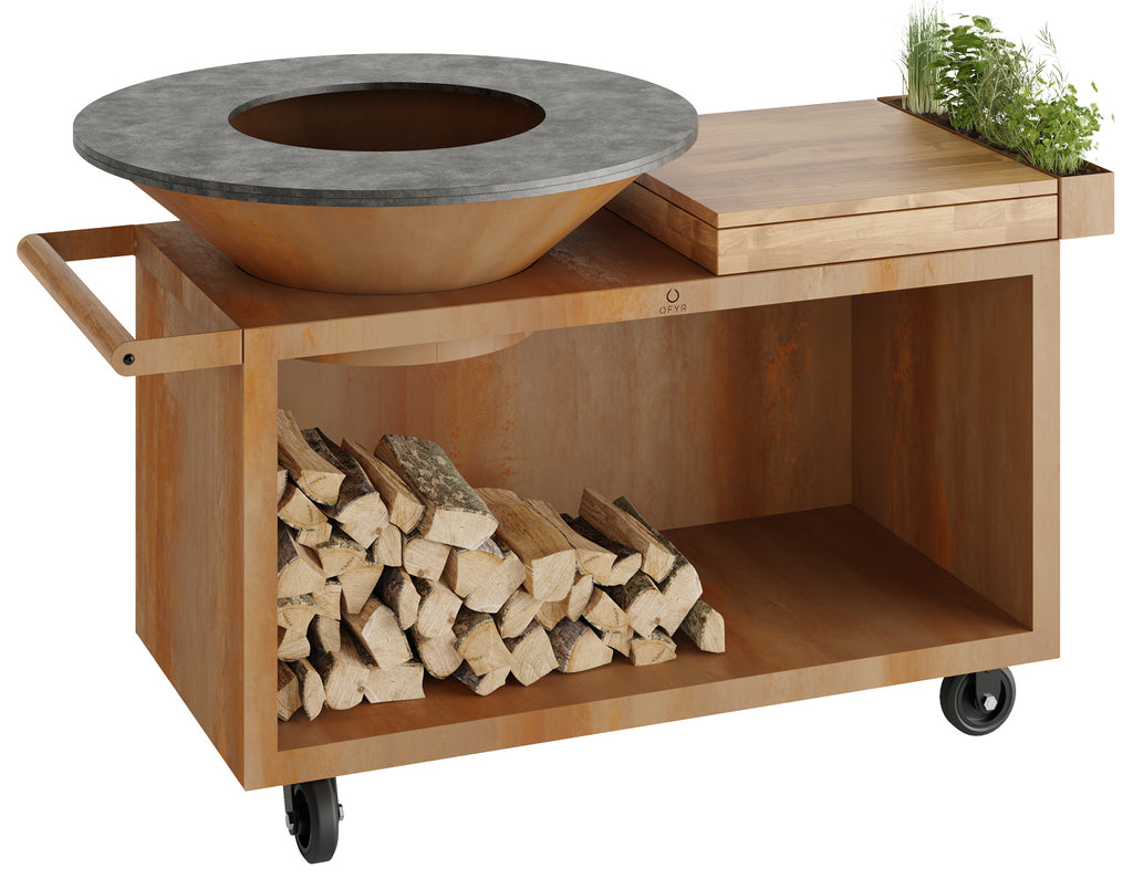 Feuerplatte Island Corten 100 PRO med teakbenkeplate forfra