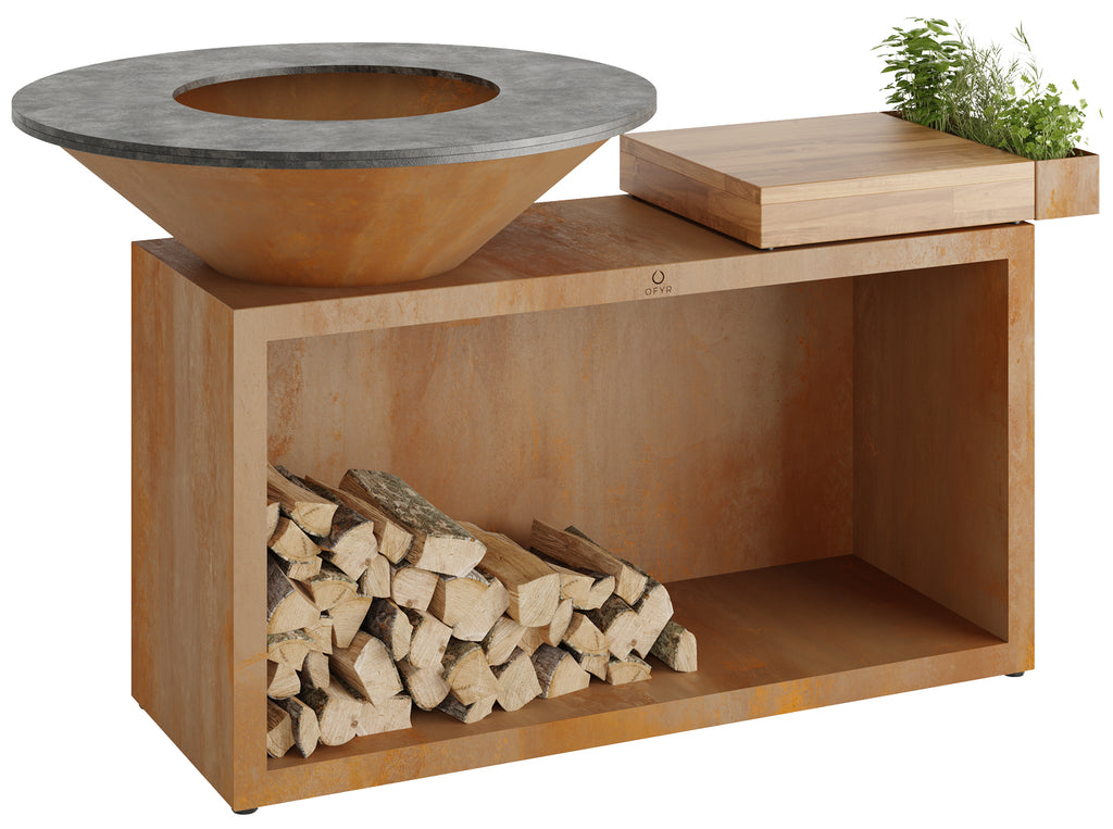 Feuerplatte Island Corten 100 med teakbenkeplate forfra