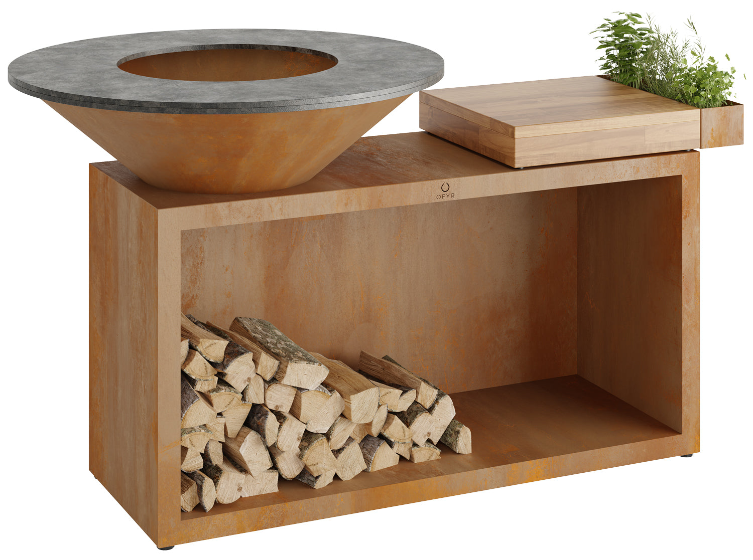 Feuerplatte Island Corten 100 med teakbenkeplate forside