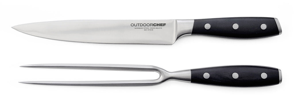Forskjærsett med kniv og kjøttgaffel 20 cm - Outdoorchef forfra