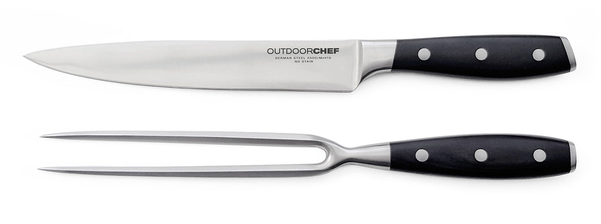 Forskjærsett med kniv og kjøttgaffel 20 cm - Outdoorchef forfra