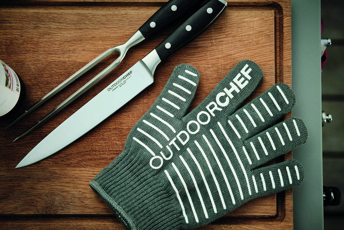 Detalj av Forskjærsett med kniv og kjøttgaffel 20 cm - Outdoorchef med pekkaholz-imitasjon
