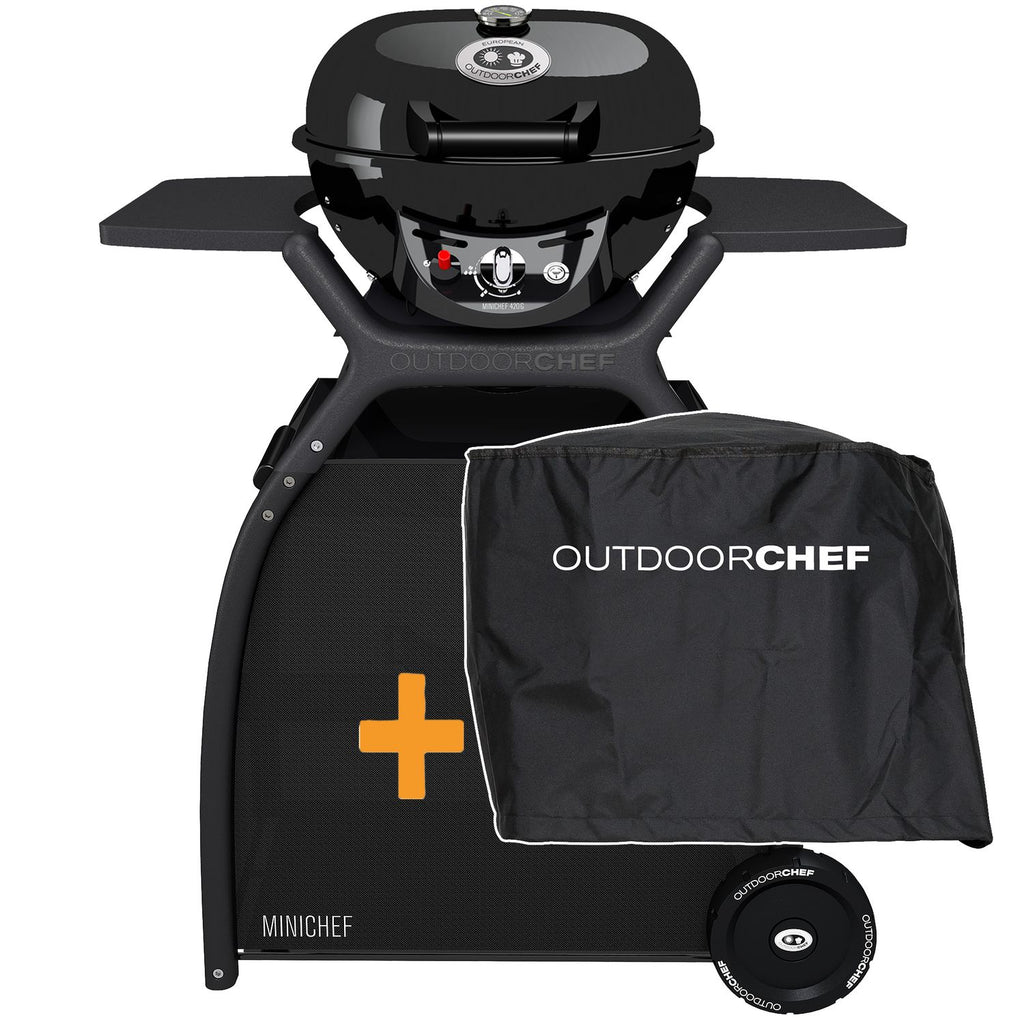 Gassbordgrill Minichef 420 G med vogn og grilltrekk forfra