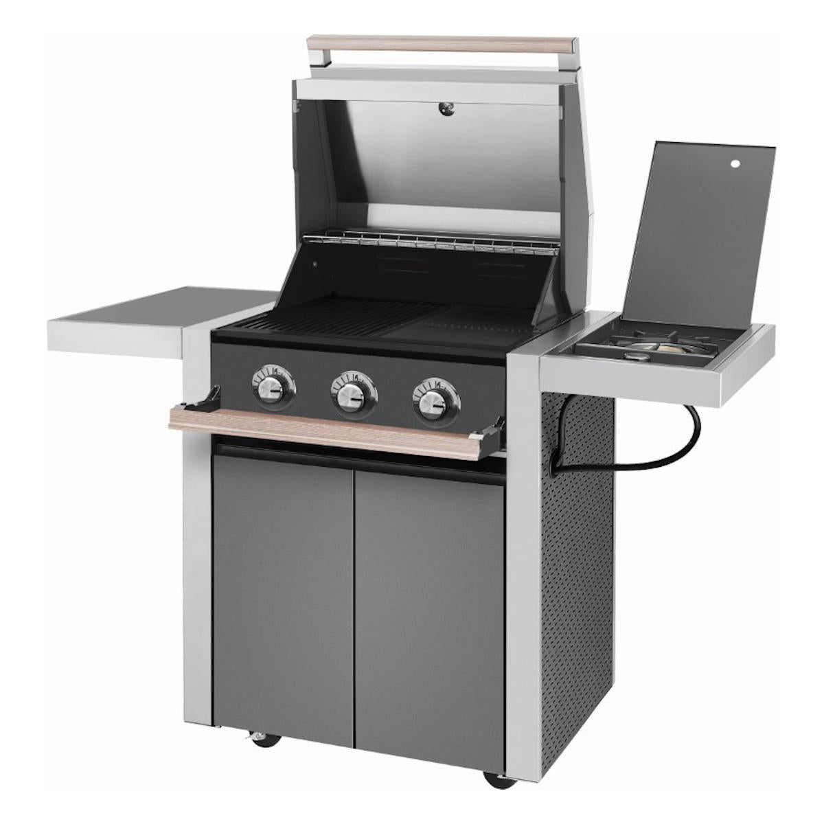 Gassgrill 1500 Serie 3 brennere med sidebrenner detalj av trepanel