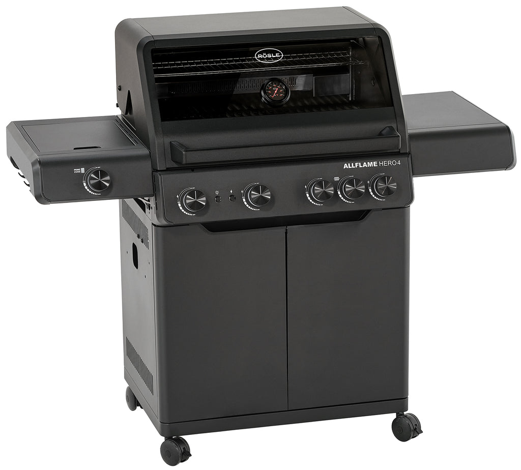 Nærbilde av betjeningspanel på Gassgrill Allflame Hero 4 med grillplate og dreiespidd
