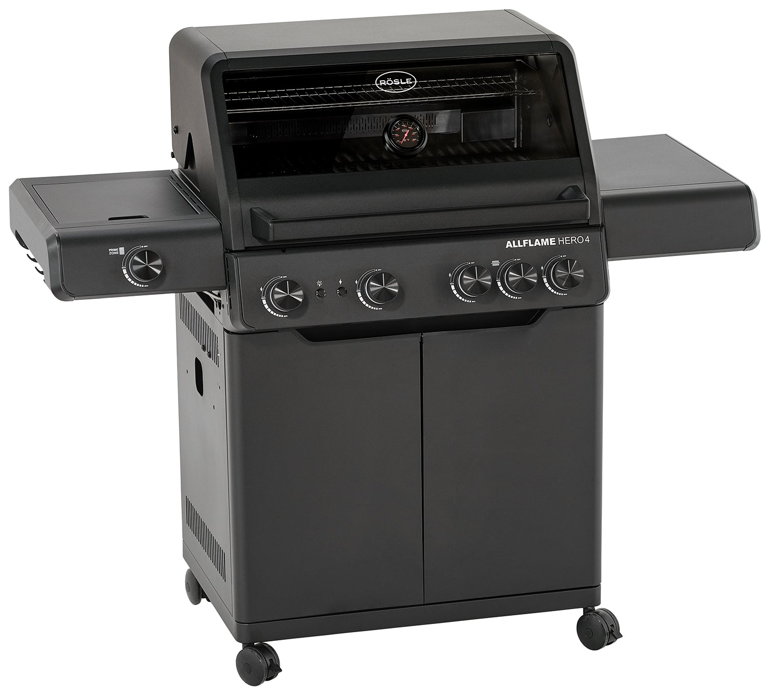 Nærbilde av betjeningspanel på Gassgrill Allflame Hero 4 med grillplate og dreiespidd