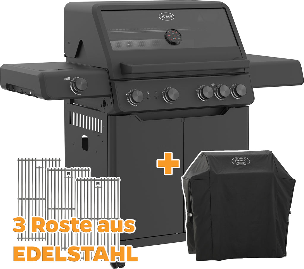Gassgrill ALLFLAME Hero 4 rustfritt stål rist inkl. grilltrekk forfra