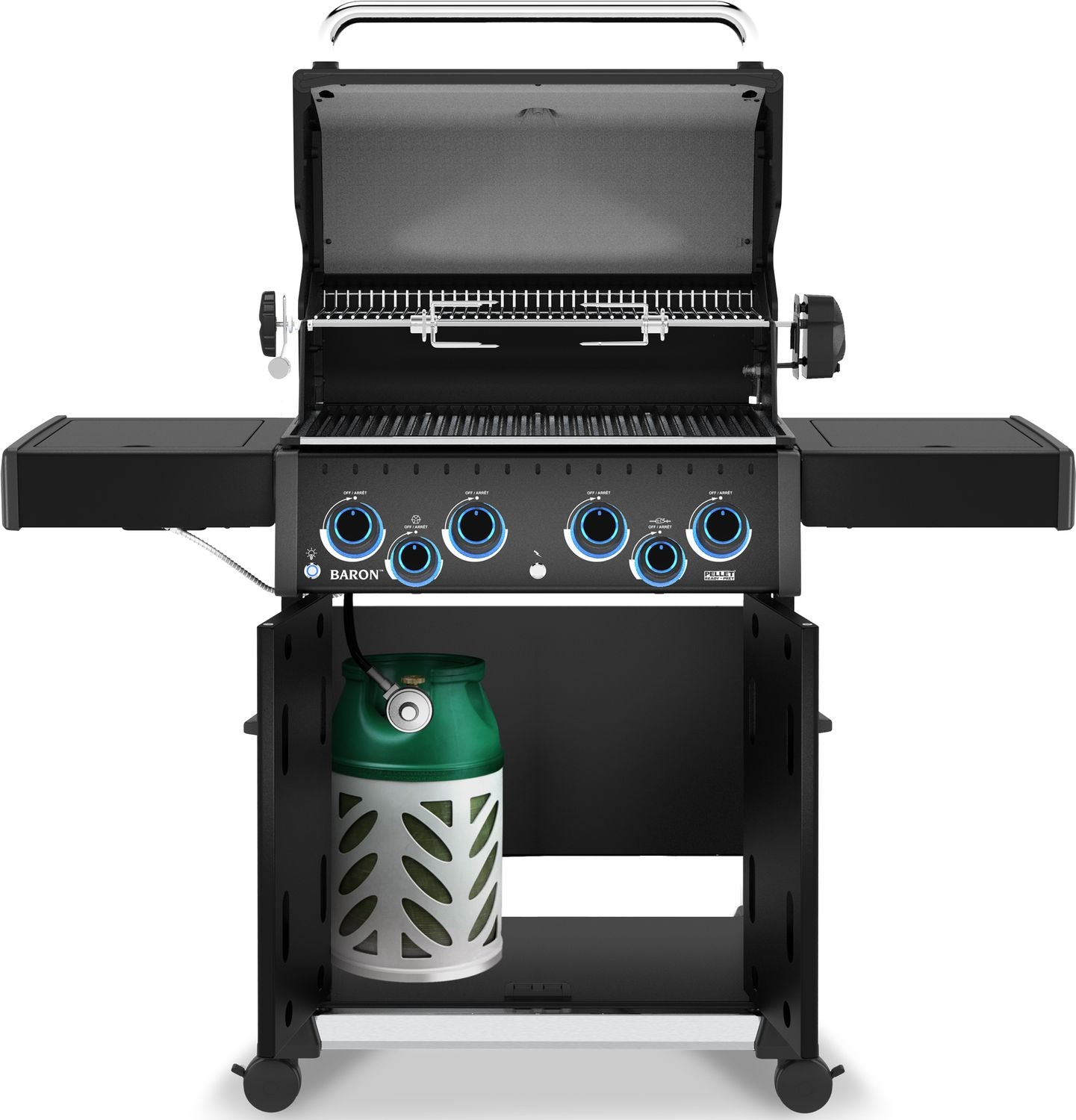Detaljbilde av kontrollpanel på Gassgrill Baron 490 X Shadow med dreiespidd 4 brennere