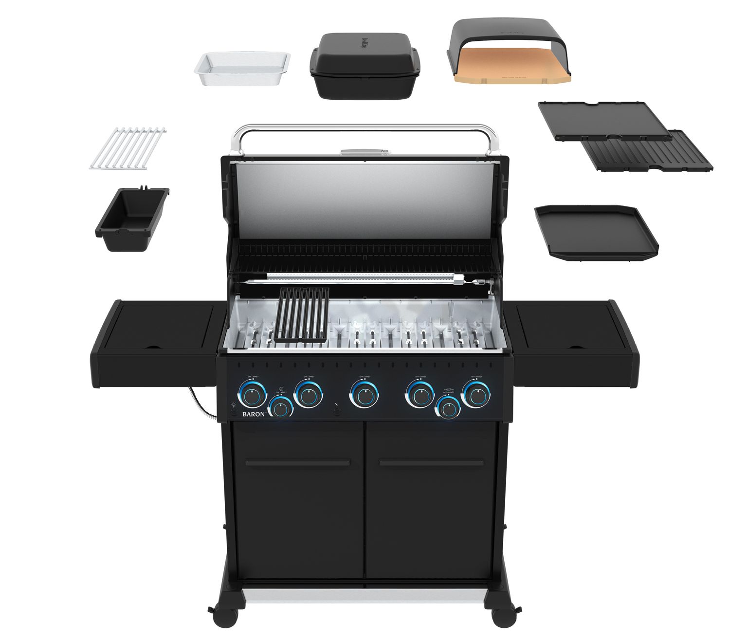 Sidebrenner og wokåpning på Gassgrill Baron 590 X Shadow 5 brennere med dreiespidd