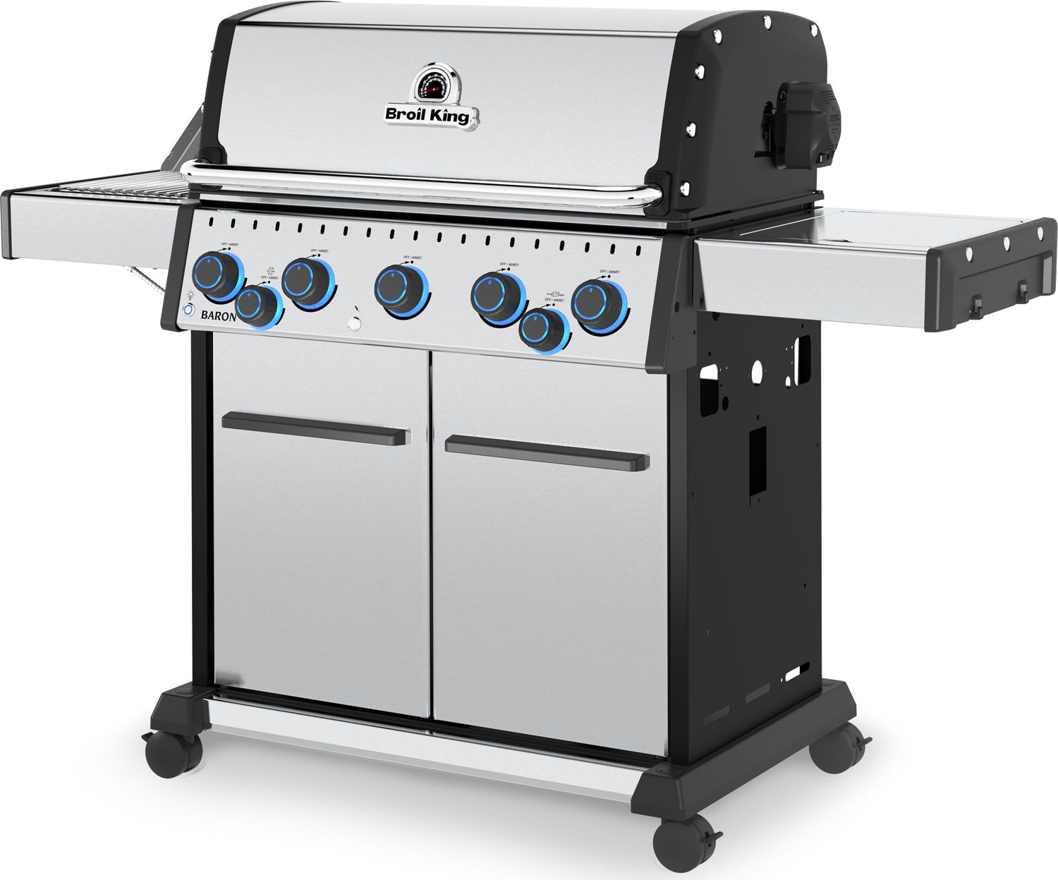 Detalj av kontrollpanel på Gassgrill Baron S 590 IRX 5 brennere med dreiespidd Broil King