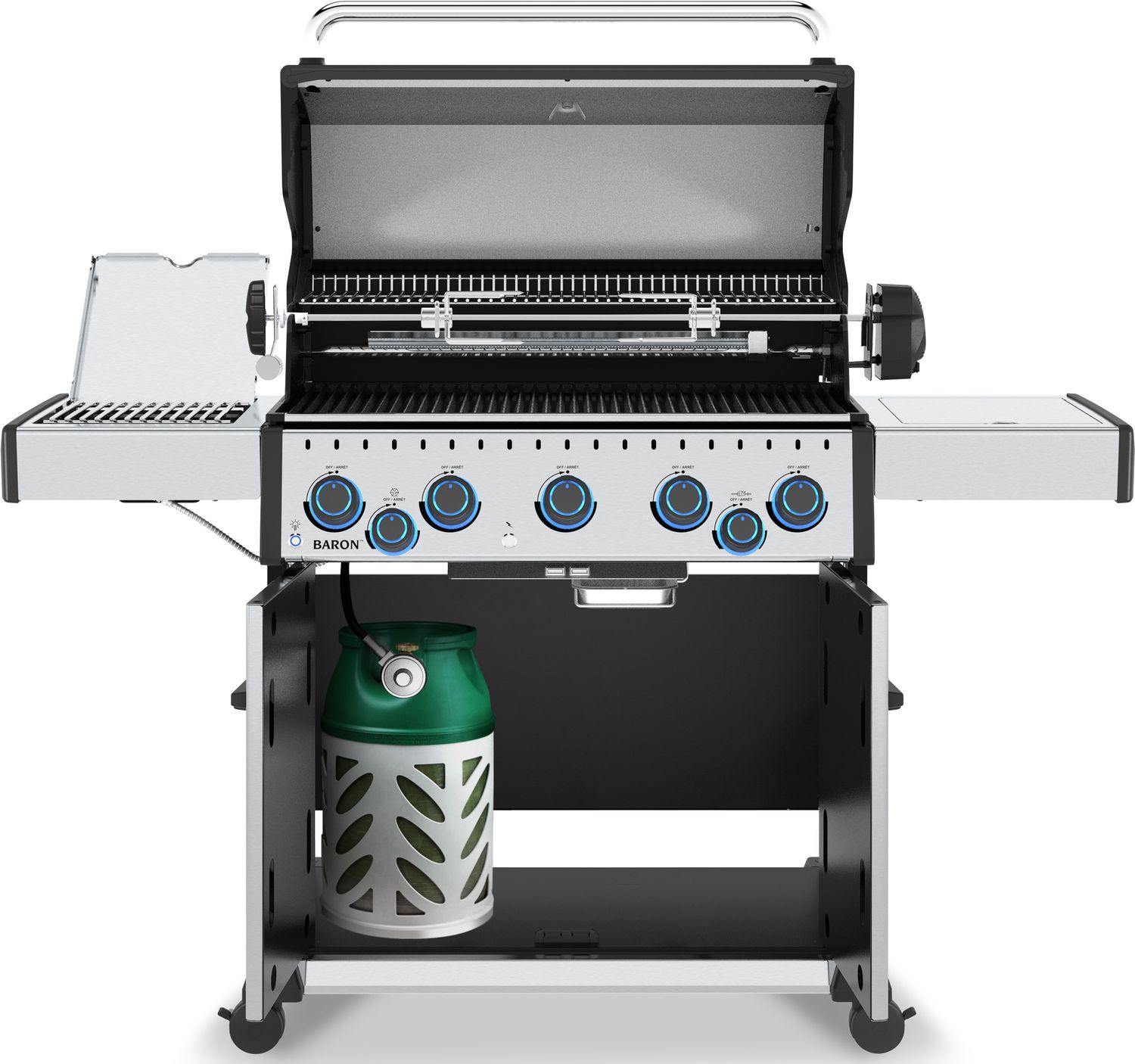 Nærbilde av rustfritt stål på Gassgrill Baron S 590 IRX 5 brennere med dreiespidd Broil King