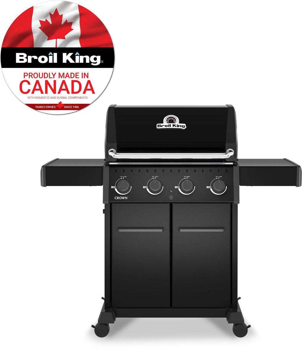 Gassgrill Crown 420 Shadow med åpent lokk og mat på grillen