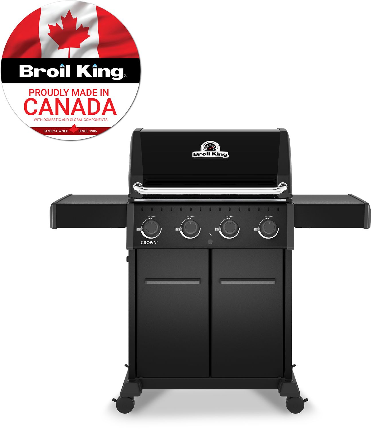 Gassgrill Crown 420 Shadow med åpent lokk og mat på grillen