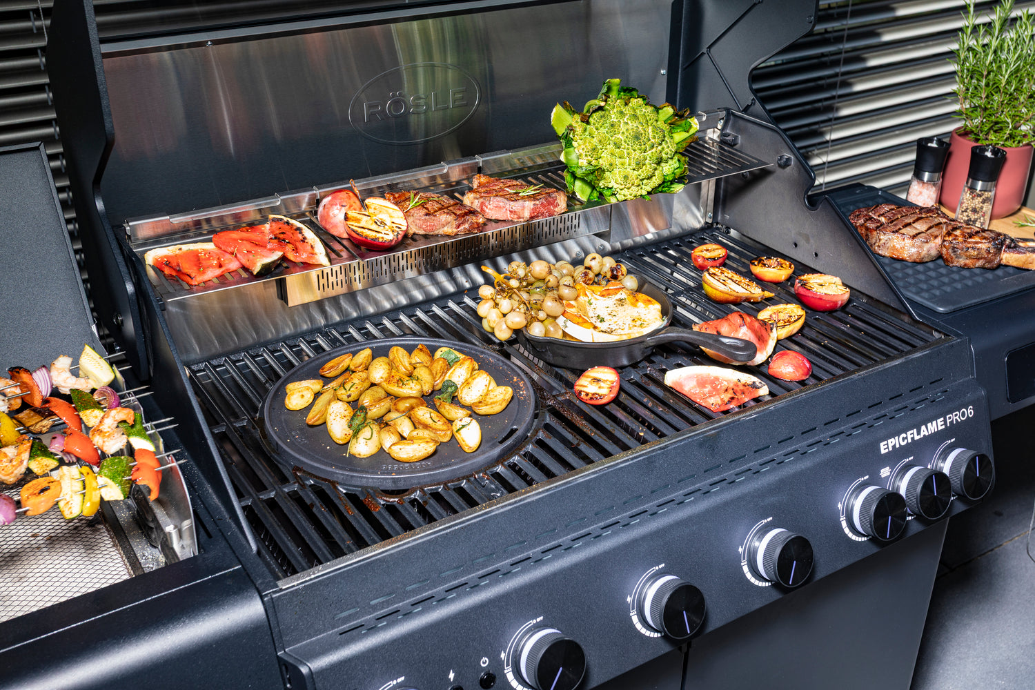 Gassgrill EPICFLAME Pro 6 brennere bakbrenner støpejern montert
