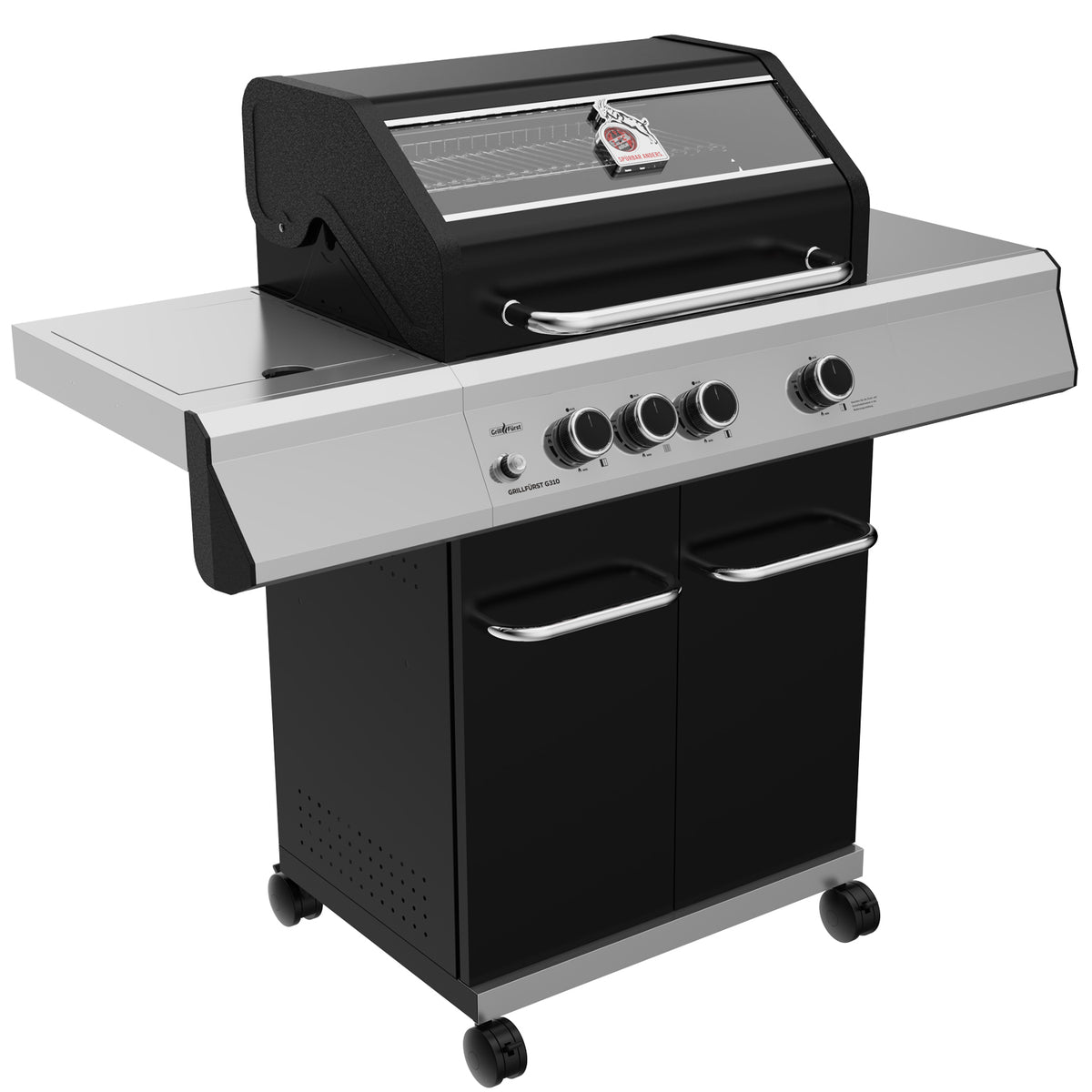 Montert Gassgrill G310E 3 brennere rustfritt stål rist 1. FC Köln med lokk åpent