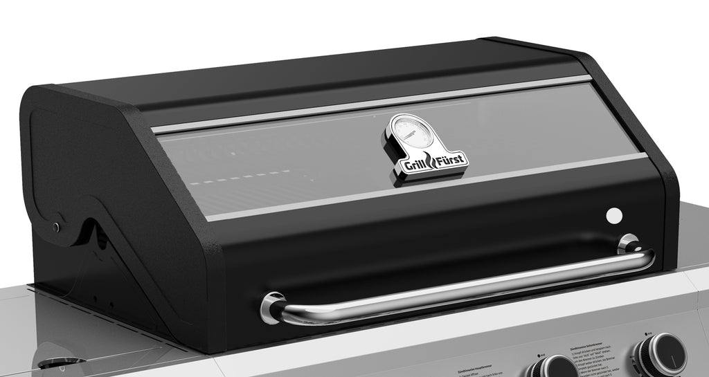 Gassgrill G410G 4 brennere støpejernsrist montert med lokk åpent