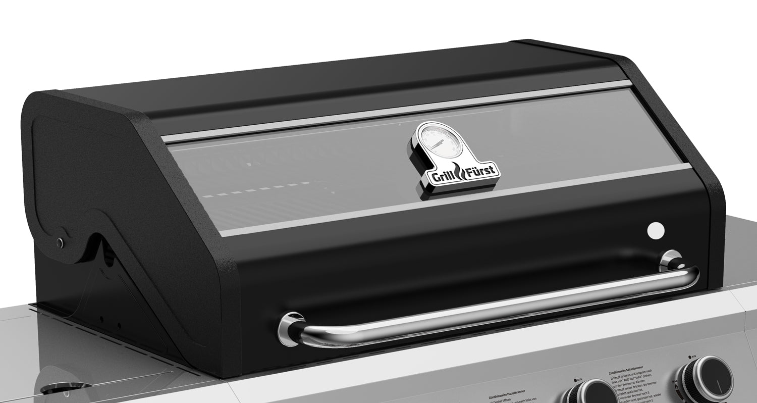 Gassgrill G410G 4 brennere støpejernsrist montert med lokk åpent