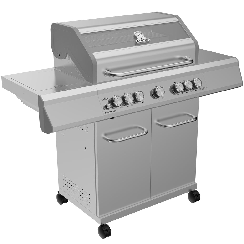 Gassgrill G521E rustfritt stål 5 brennere detalj av brennere