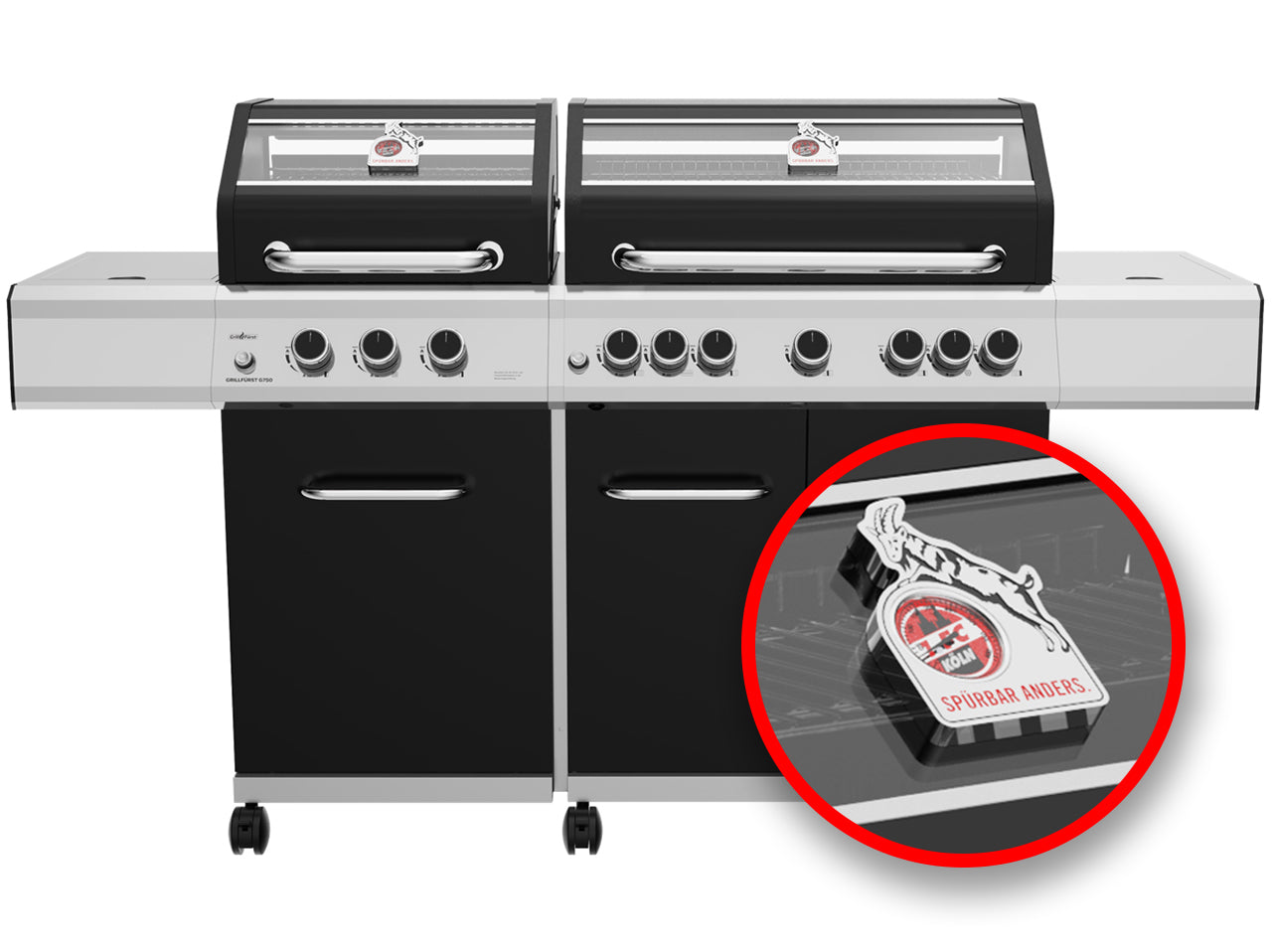 Gassgrill G750E 7 brennere rustfritt stål rist 1. FC Köln forfra