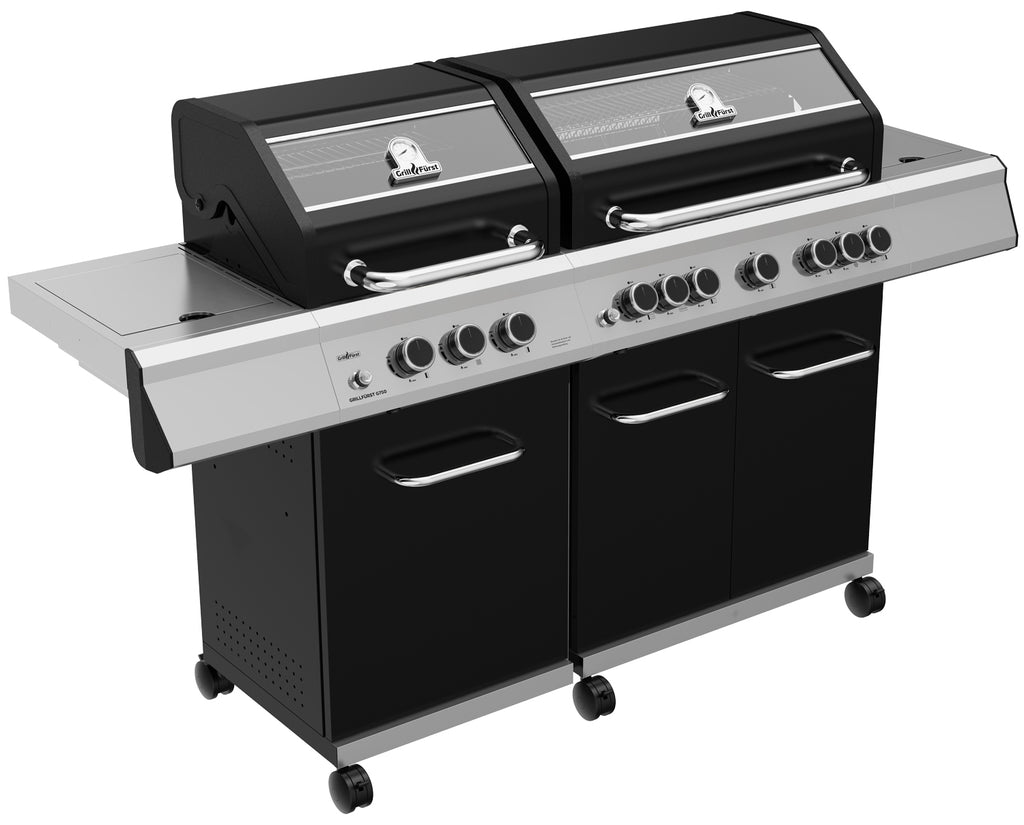 Montert Gassgrill G750G 7 brennere dobbelt grillkammer støpejernsrist med åpnet lokk