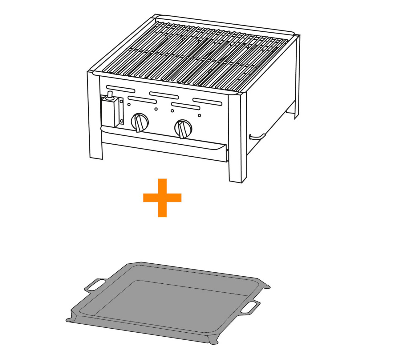 Gassgrill gastro 2 brennere med rist og stålpanne - TGO forfra