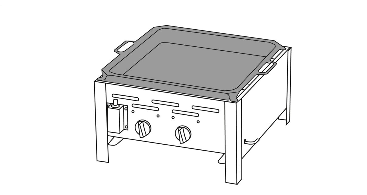 Gassgrill gastro 2 brennere med stålpanne rustfritt stål forfra