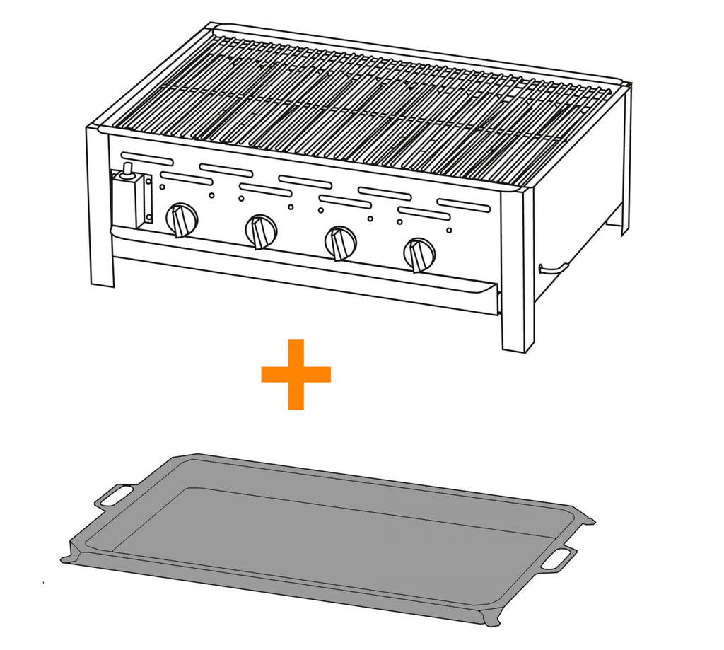 Gassgrill gastro 4 brennere med rist og stålpanne - TGO forfra