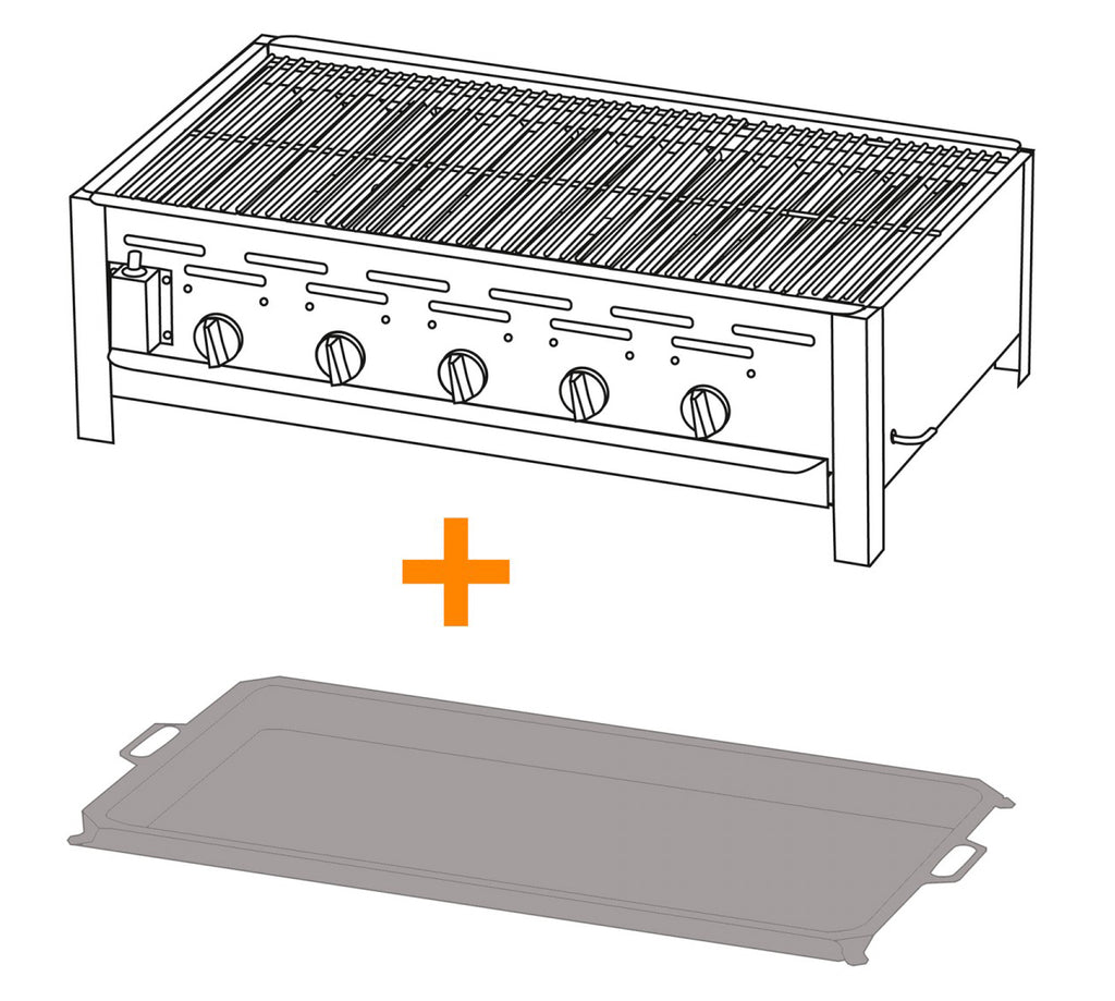 Gassgrill gastro 5 brennere med rist og stålpanne forfra