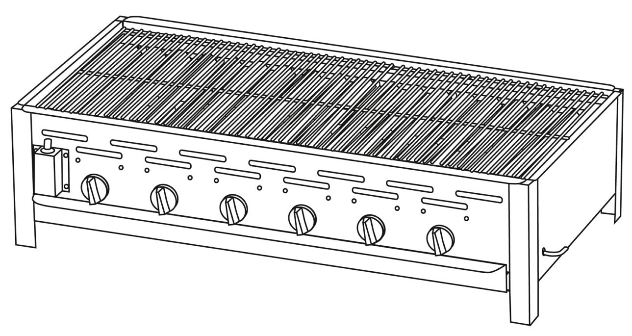 Gassgrill gastro 6 brennere forkrommet rist rustfritt stål forfra