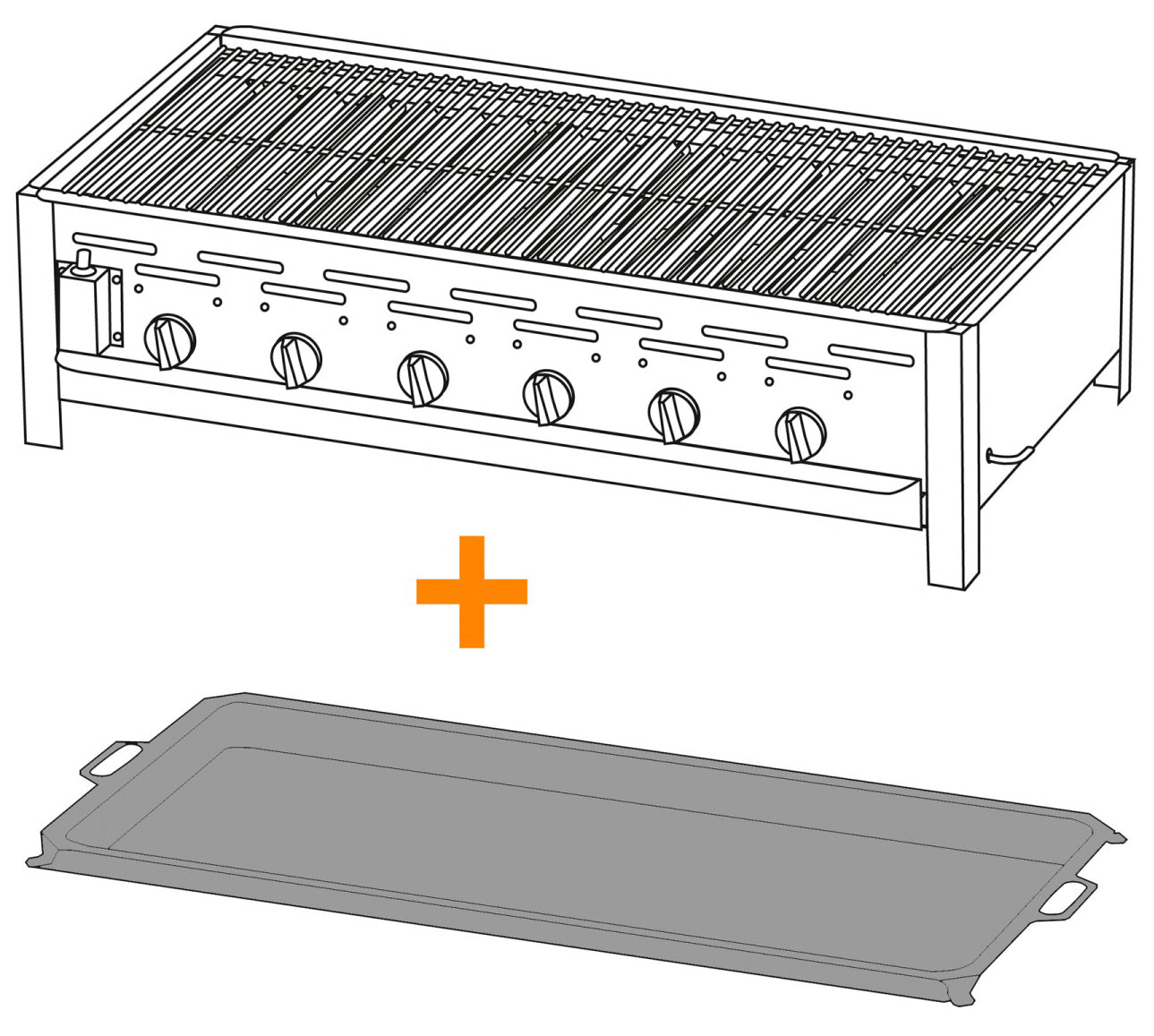 Gassgrill gastro 6 brennere med rist og stålpanne 109 cm forfra