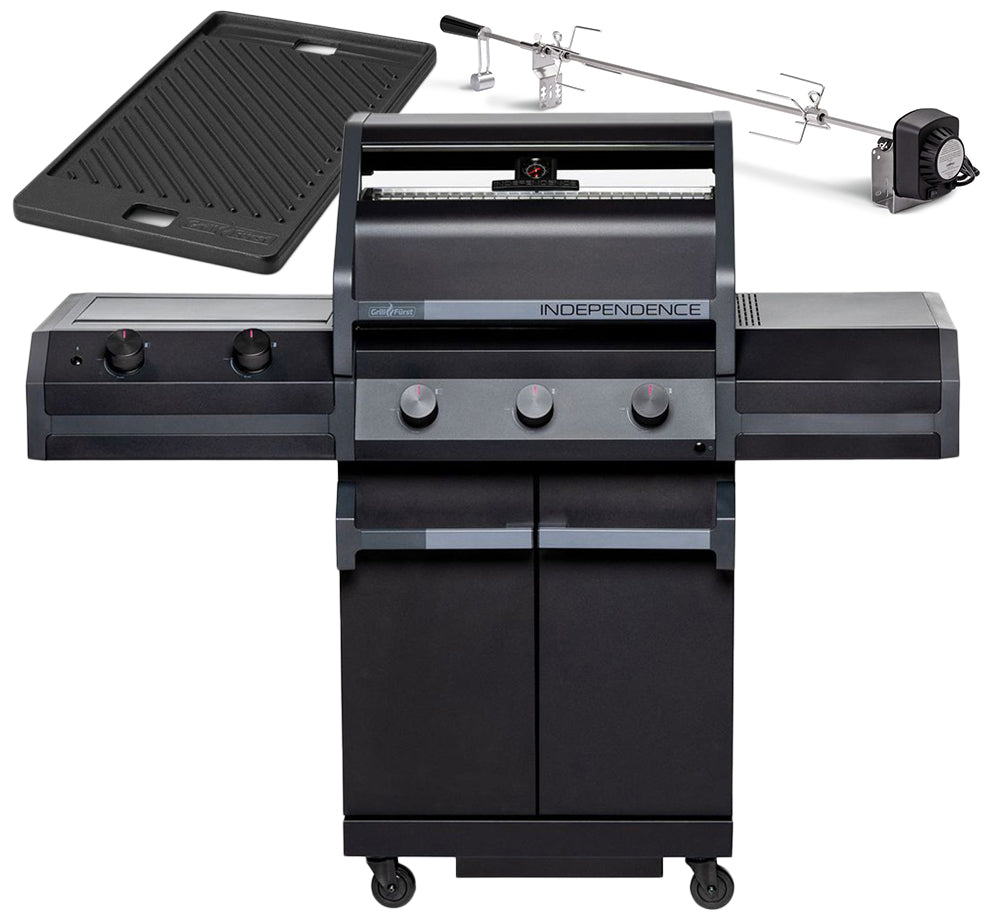 Gassgrill Independence P330E 3 brennere rustfritt stål m/dreiespidd forfra