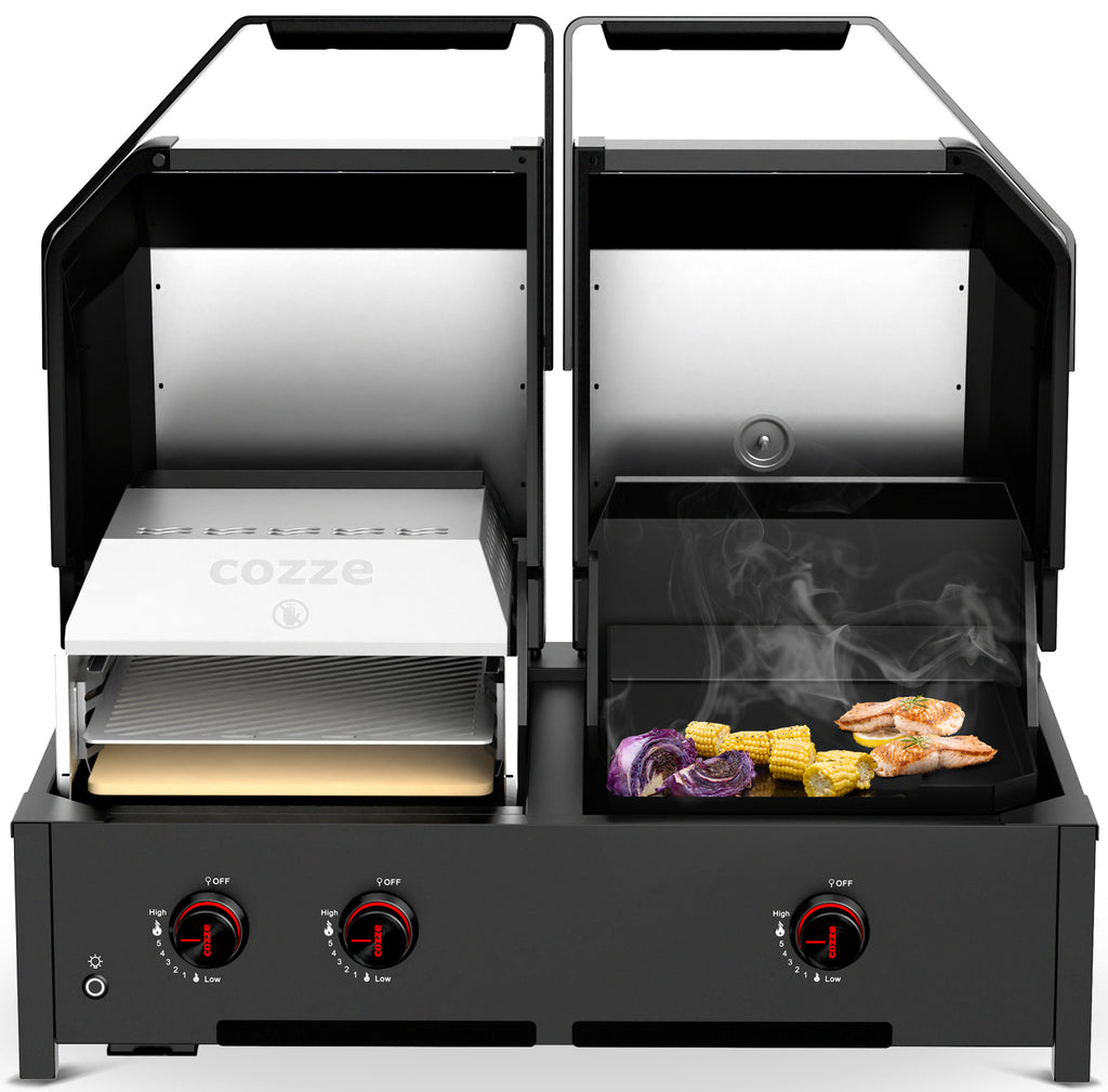 Bakside av Gassgrill Quattro 900 4-i-1 grill plancha pizzaovn Cozze