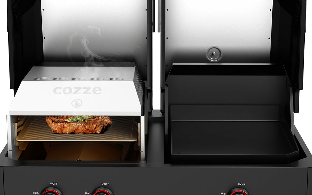 Detalj av betjeningsknapper med LED på Gassgrill Quattro 900 4-i-1 grill plancha pizzaovn Cozze