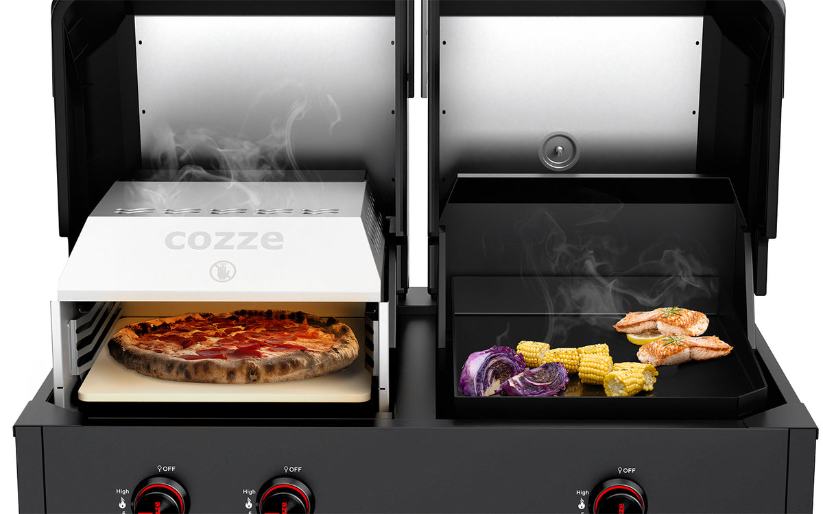 Lokk med termometer på Gassgrill Quattro 900 4-i-1 grill plancha pizzaovn Cozze