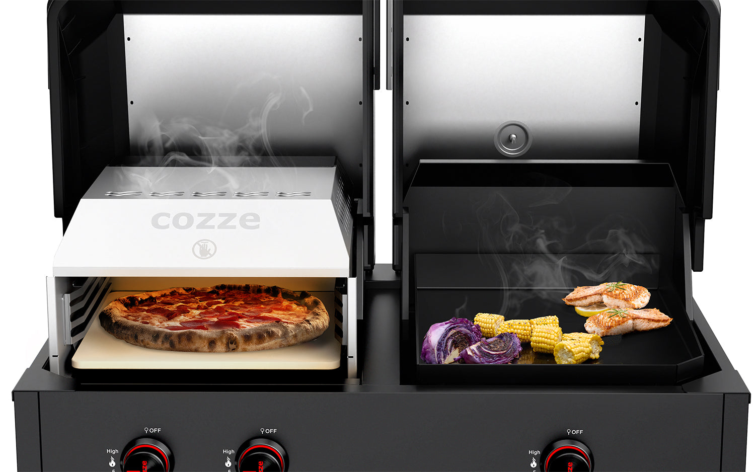 Oversikt over doble lokk på Gassgrill Quattro 900 4-i-1 grill og pizzaovn