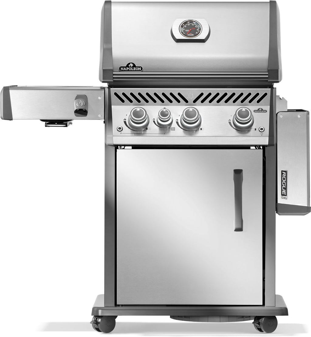 Nærbilde av kontrollpanel med hvite belyste dreiebrytere på Gassgrill Rogue PRO 425