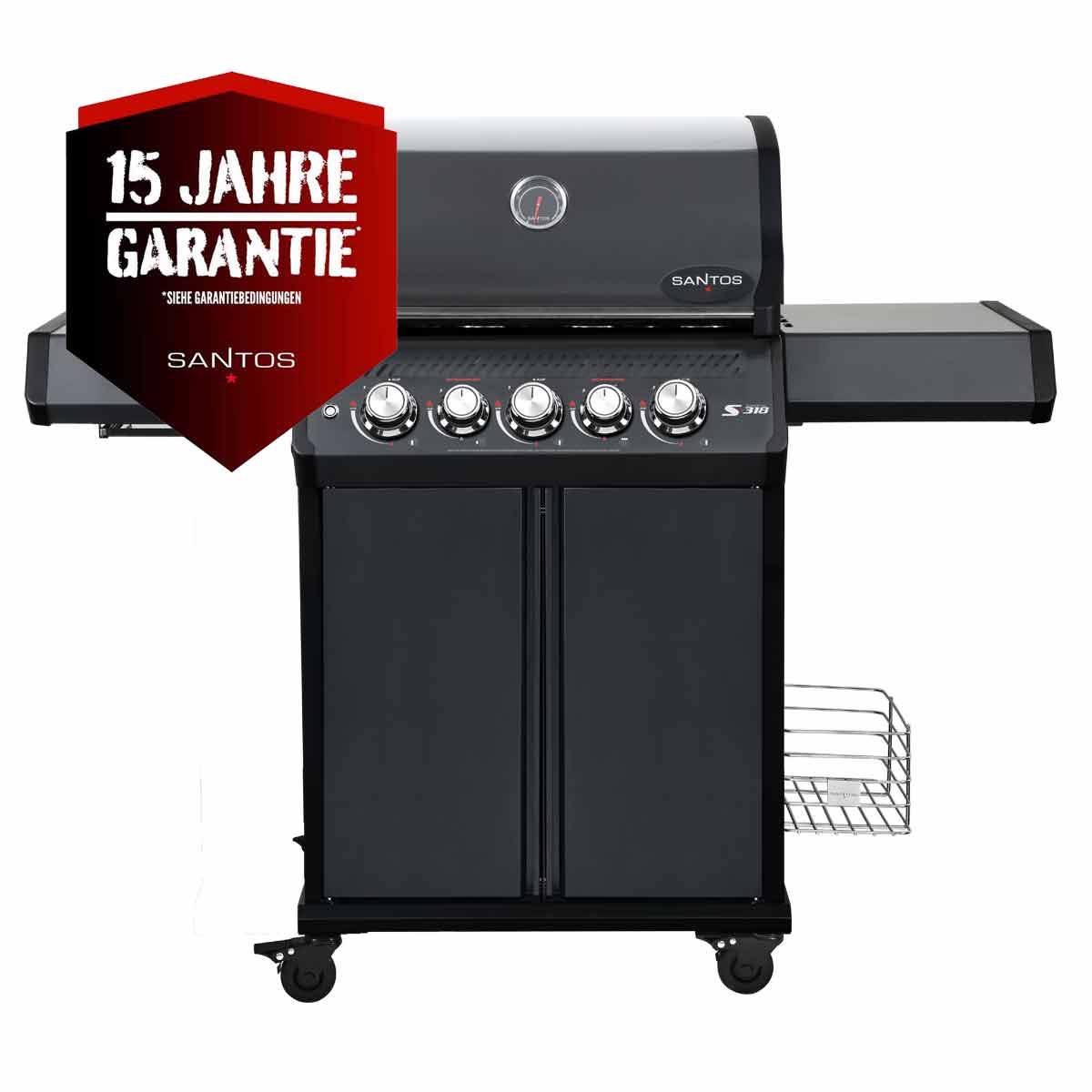 Gassgrill S-318 Pro All Black 3 brennere sidebrenner og bakbrenner forfra