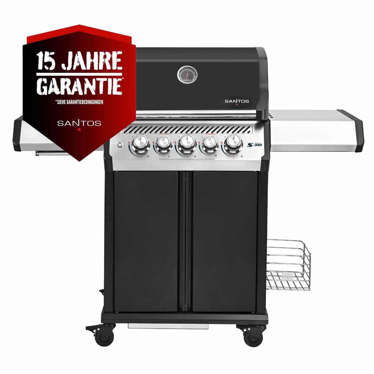 Gassgrill S-318 Pro svart 3 brennere med sidebrenner og bakbrenner bakside