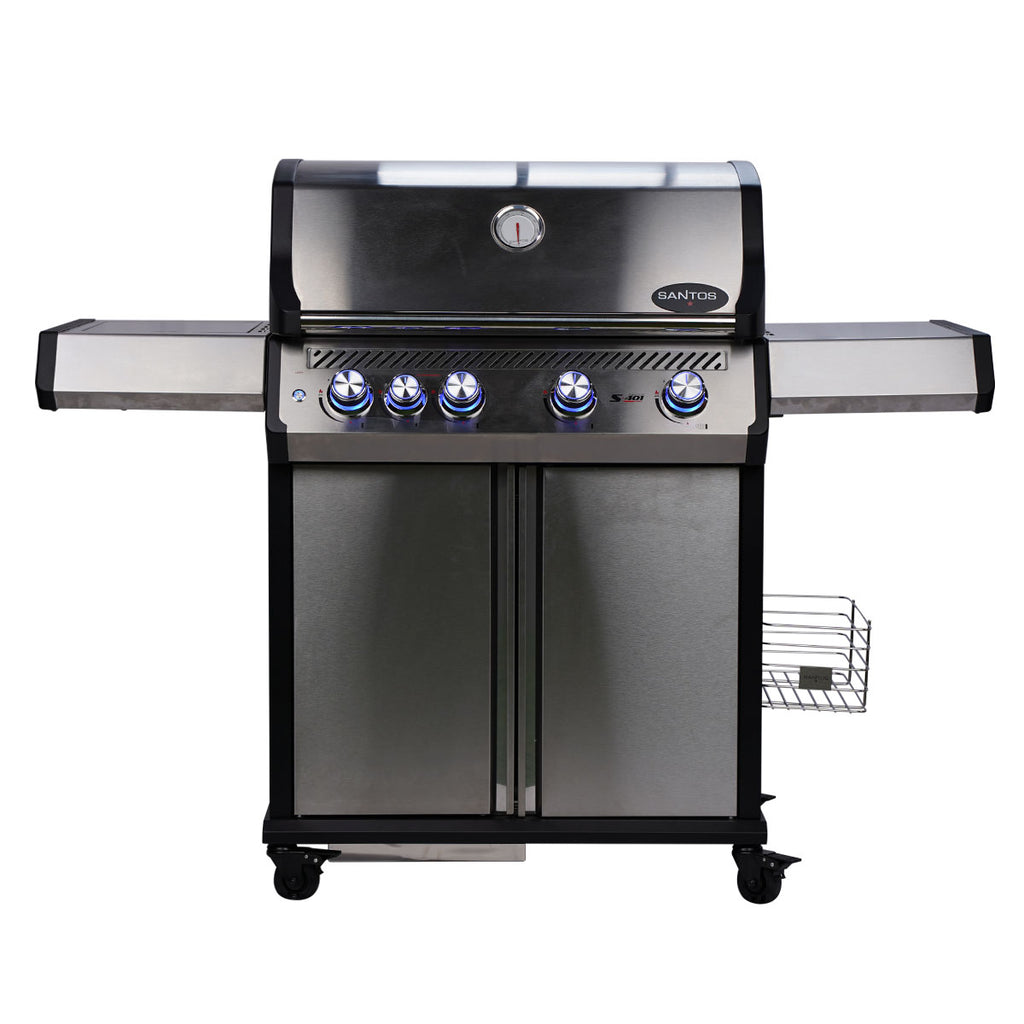 Gassgrill S-401 Pro rustfritt stål 4 brennere sidebrenner hjul for mobilitet