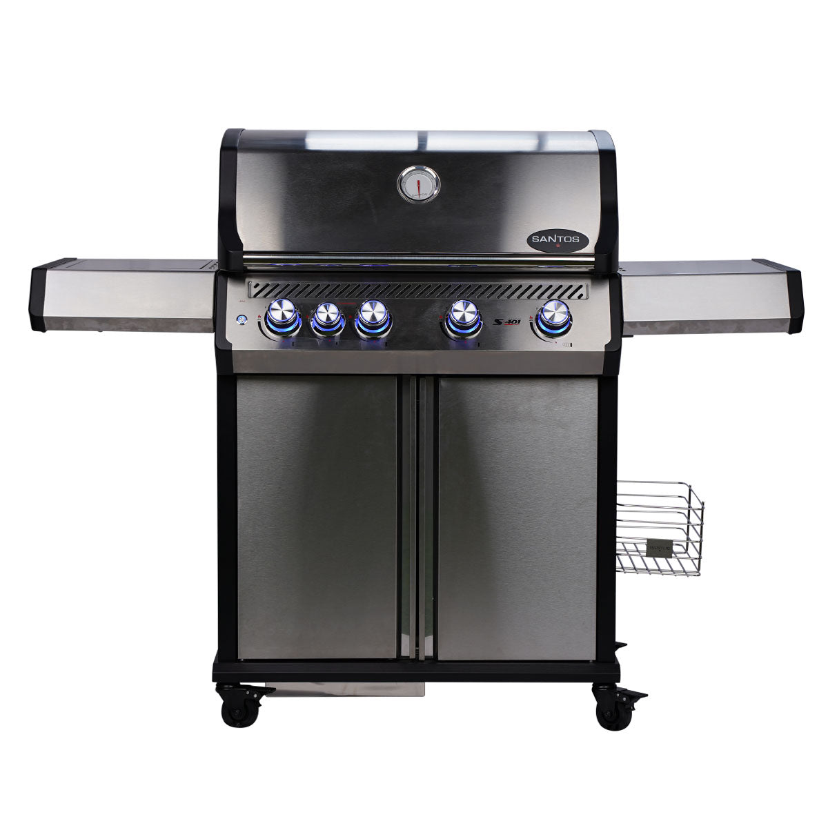 Gassgrill S-401 Pro rustfritt stål 4 brennere sidebrenner hjul for mobilitet