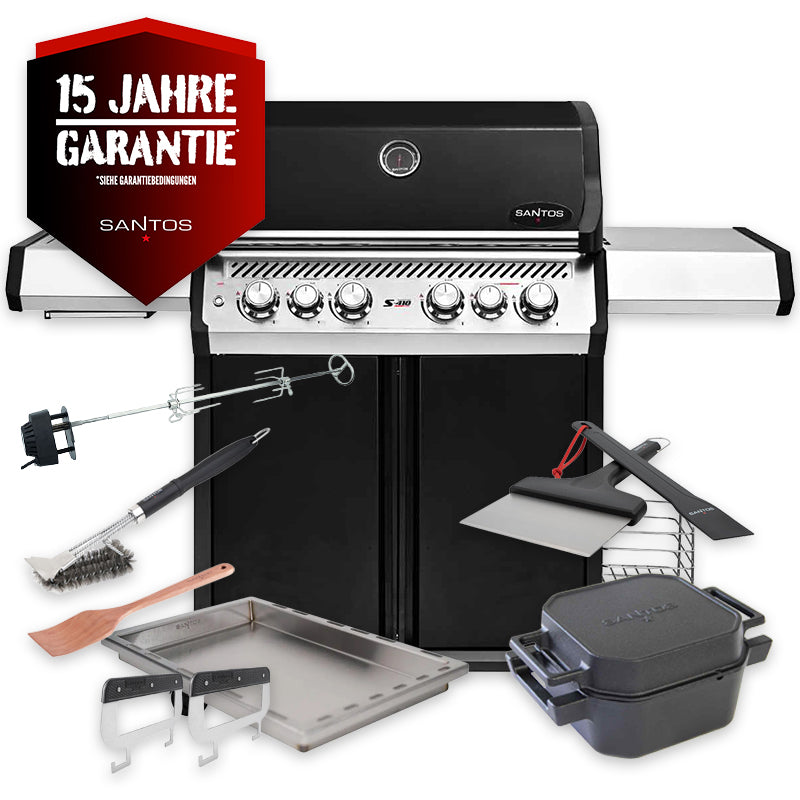 Gassgrill S-418 Pro svart med sidebrenner og bakbrenner bundle forfra