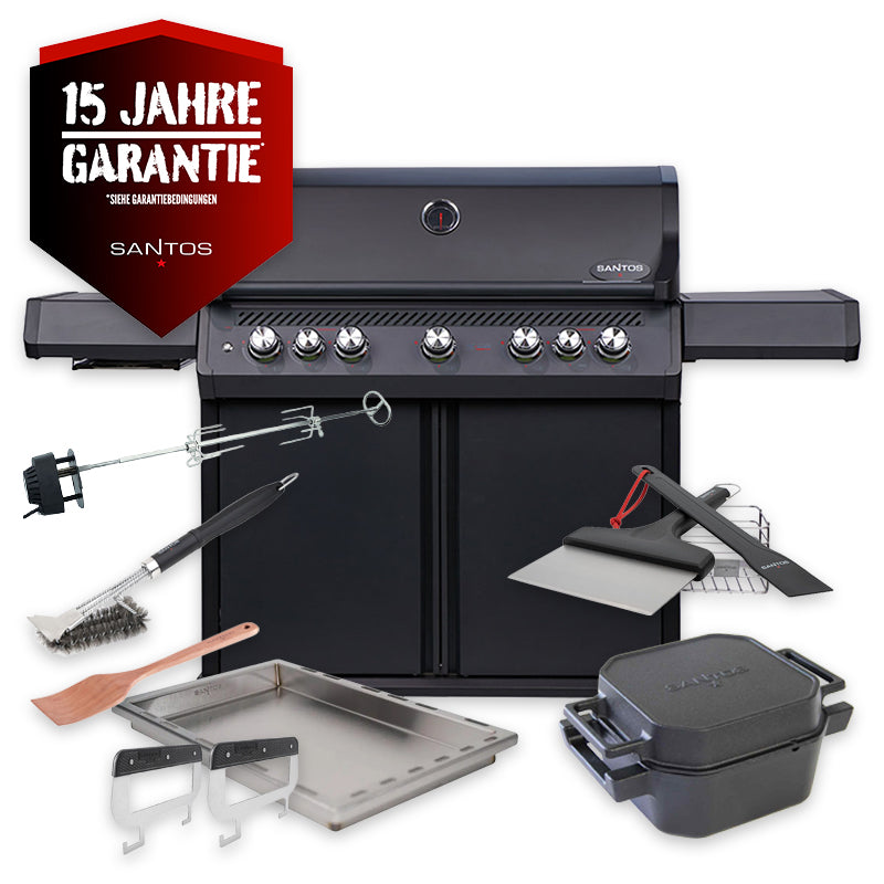 Gassgrill S-518 PRO All Black 5 brennere sidebrenner bakbrenner - SANTOS forfra