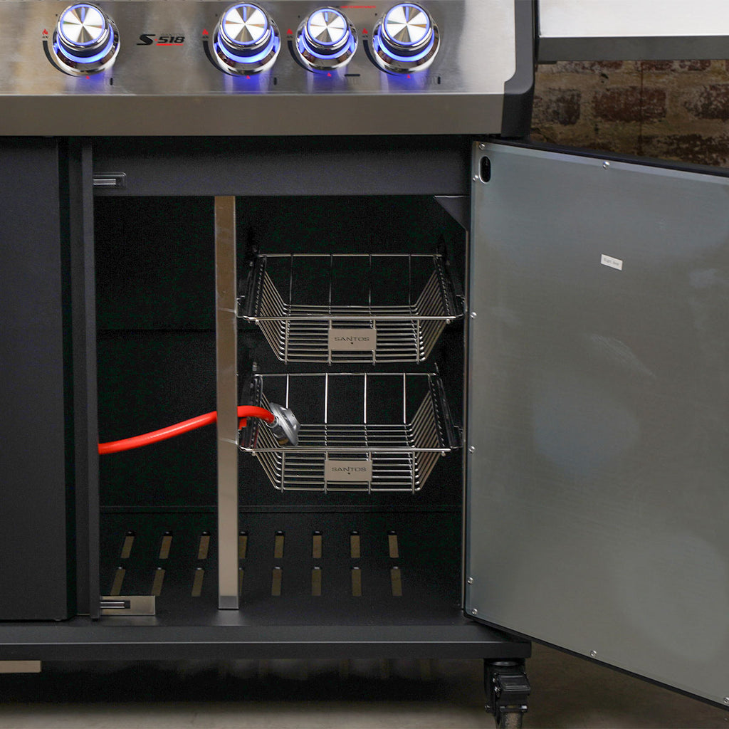 Gassgrill S-518 Pro svart 5 brennere sidebrenner bakbrenner detalj av knotter