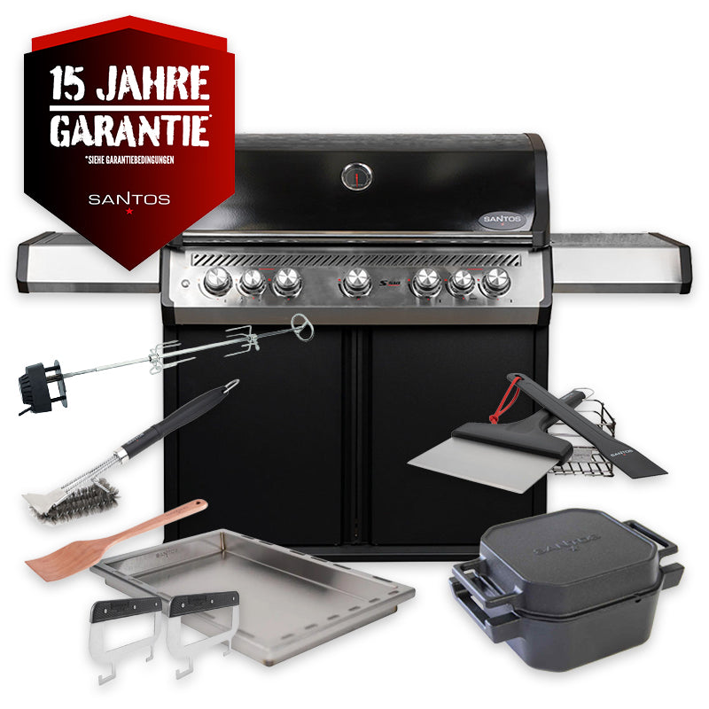 Gassgrill S-518 Pro svart 5 brennere sidebrenner bakbrenner front