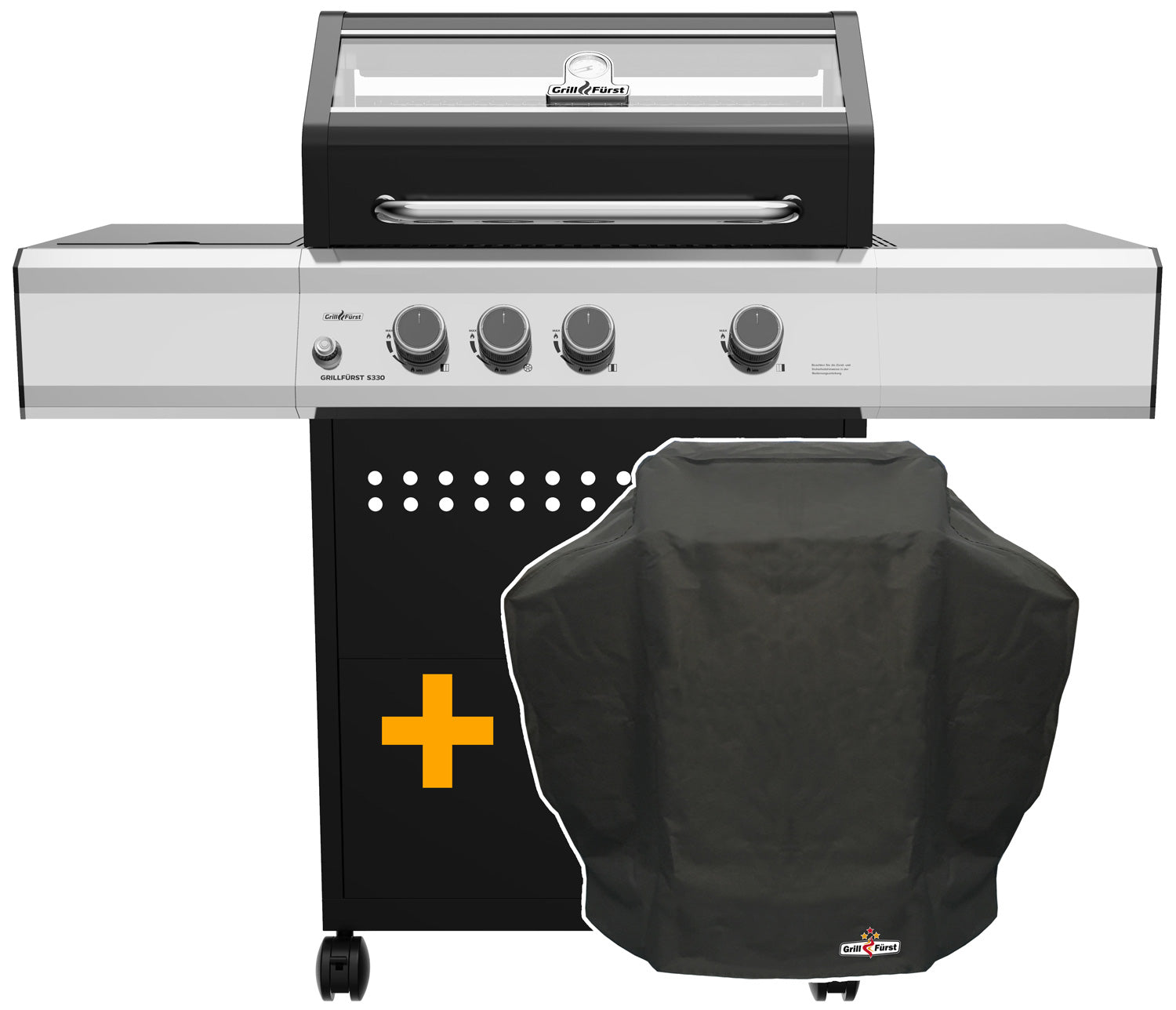 Gassgrill S330G 3 brennere sidebrenner støpejernsrist inkl. grilltrekk forfra