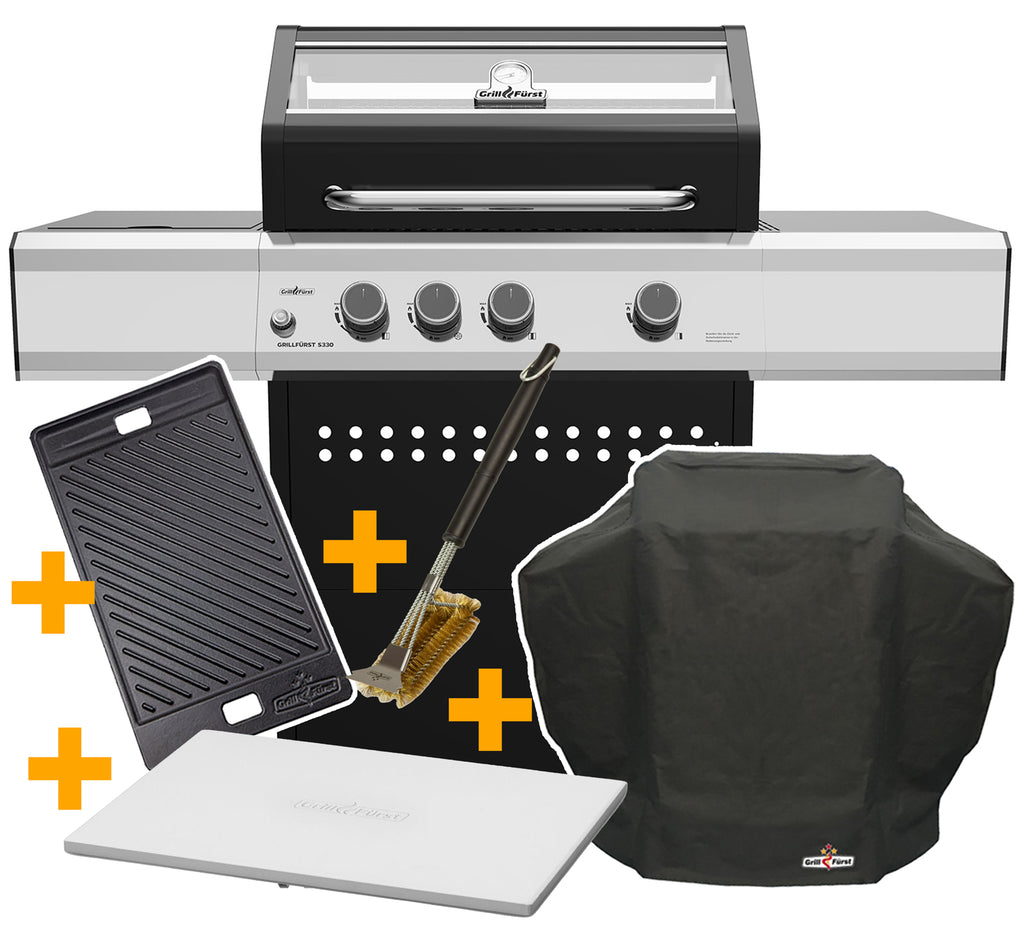 Gassgrill S330G med grilltrekk grillbørste grillplate forfra