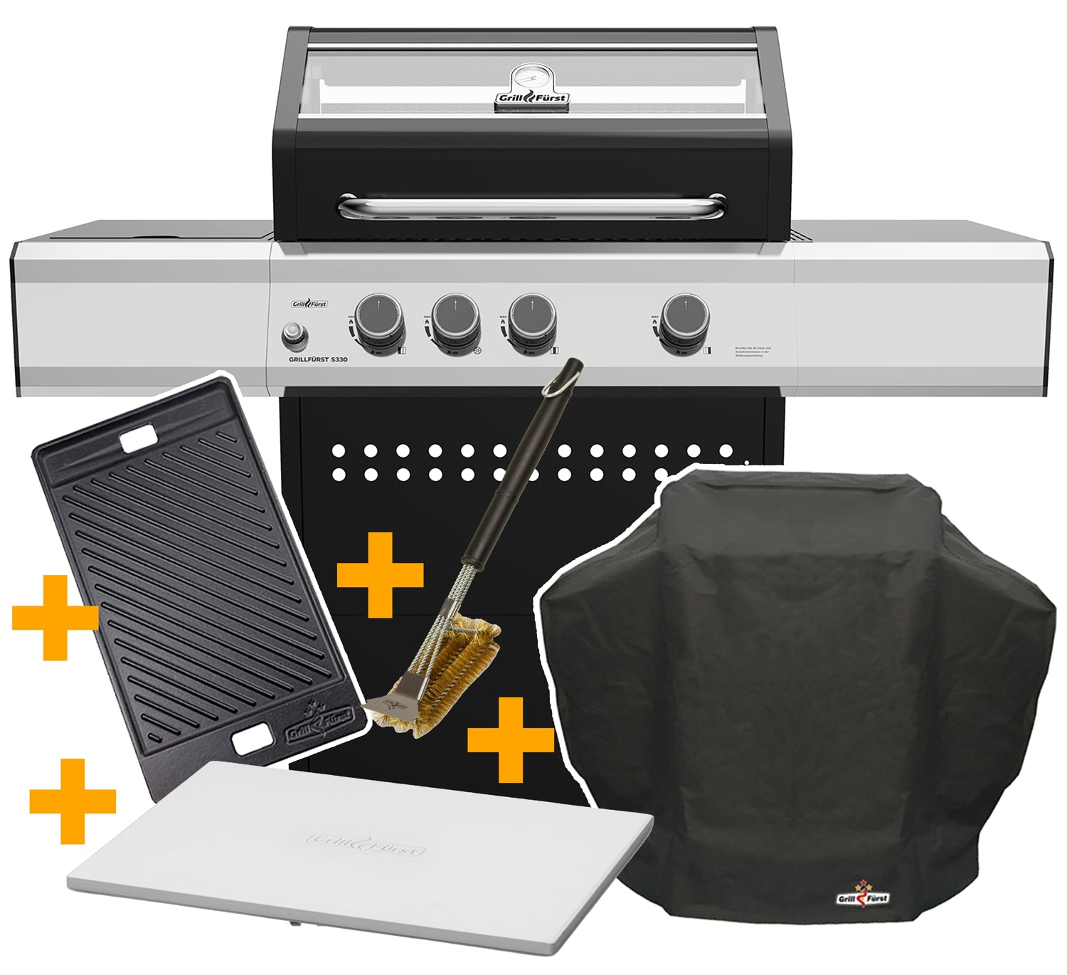 Gassgrill S330G med grilltrekk grillbørste grillplate forfra