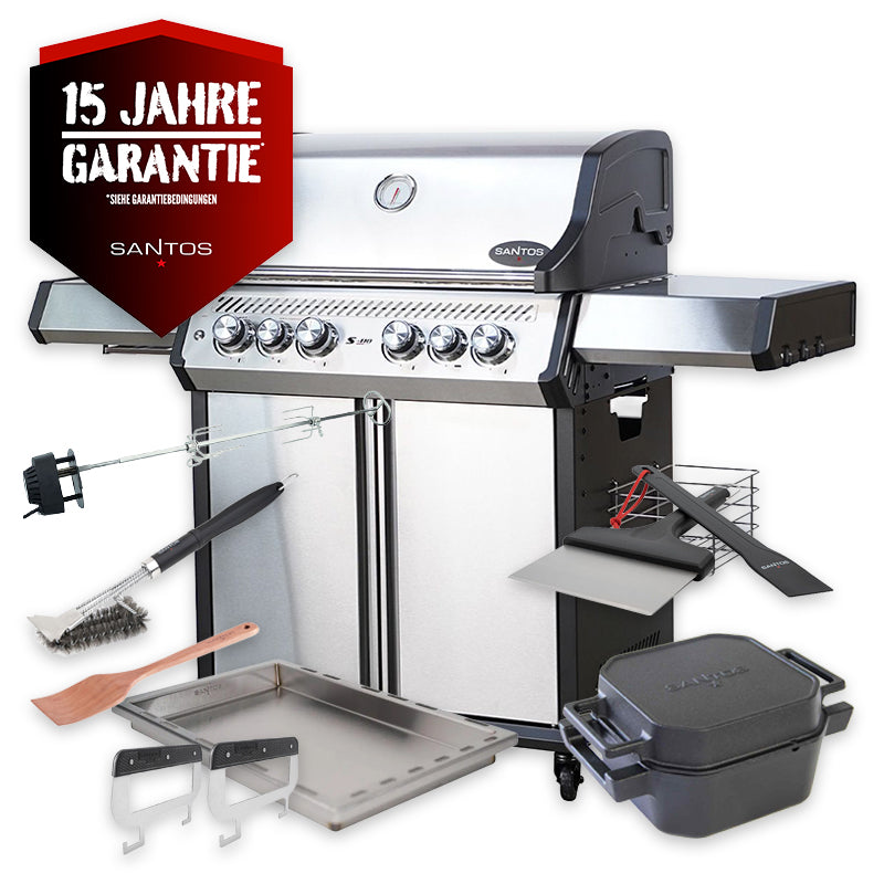 Gassgrill S-418 Pro rustfritt stål 4 brennere bakbrenner forfra
