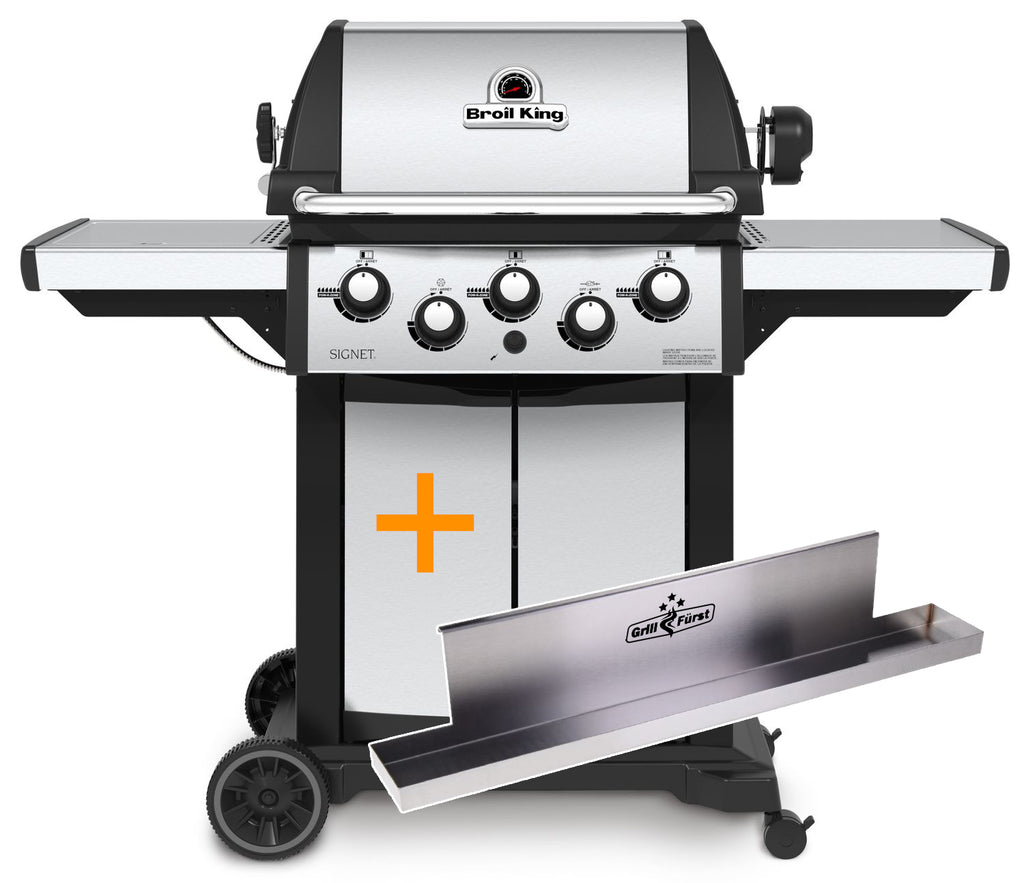 Gassgrill Signet 390 med dreiespidd og fettoppsamler forfra