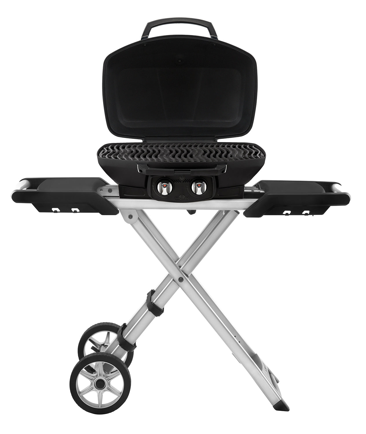 Bakside av Gassgrill TravelQ PRO285 svart med klappbar vogn